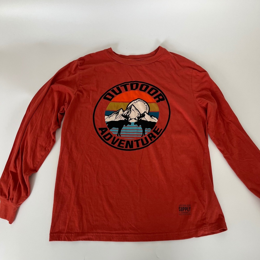 London Fog Supply Co Mens L Outdoor Adventure Graphic Long Sleeve Tee Orange Red